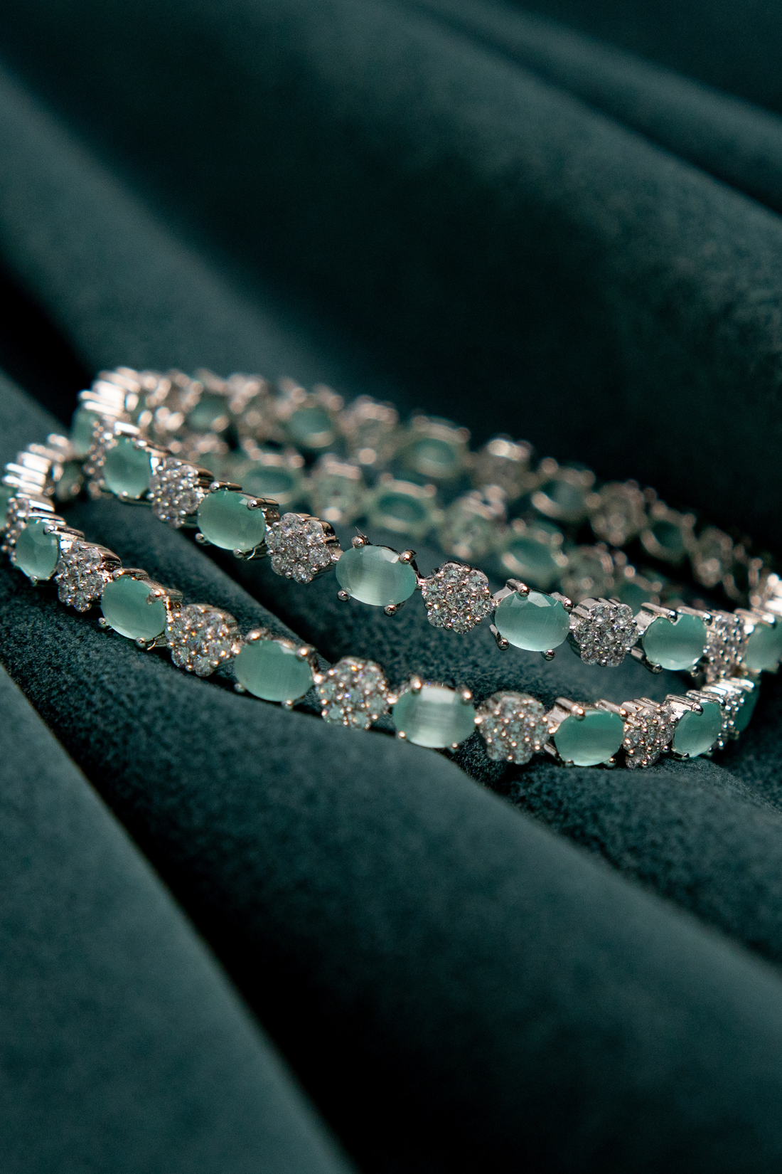 Green Floral Bangles with White Rhodium Polish